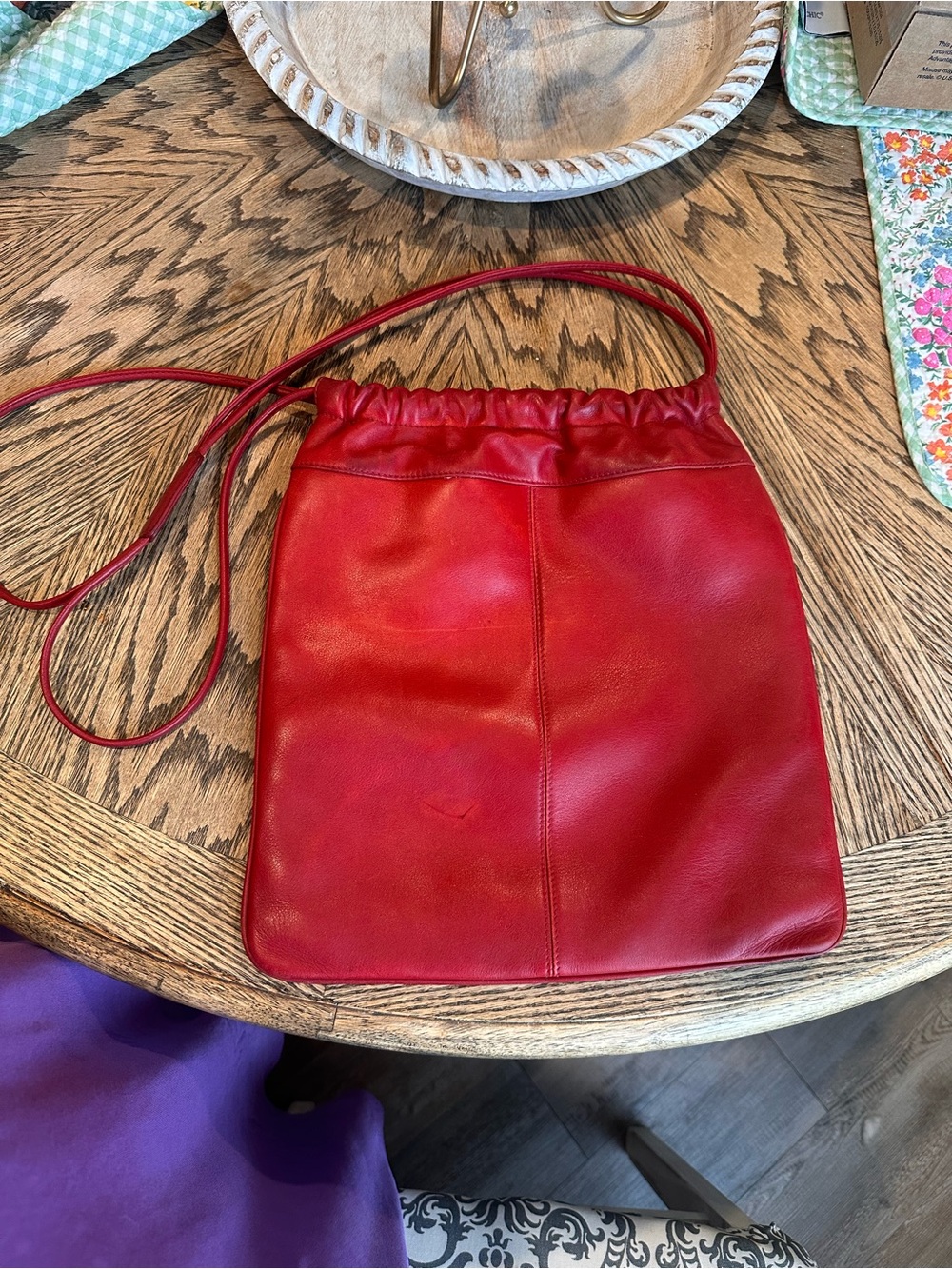 Vintage Hobo International Red Leather Drawstring Shoulder Bag - Women